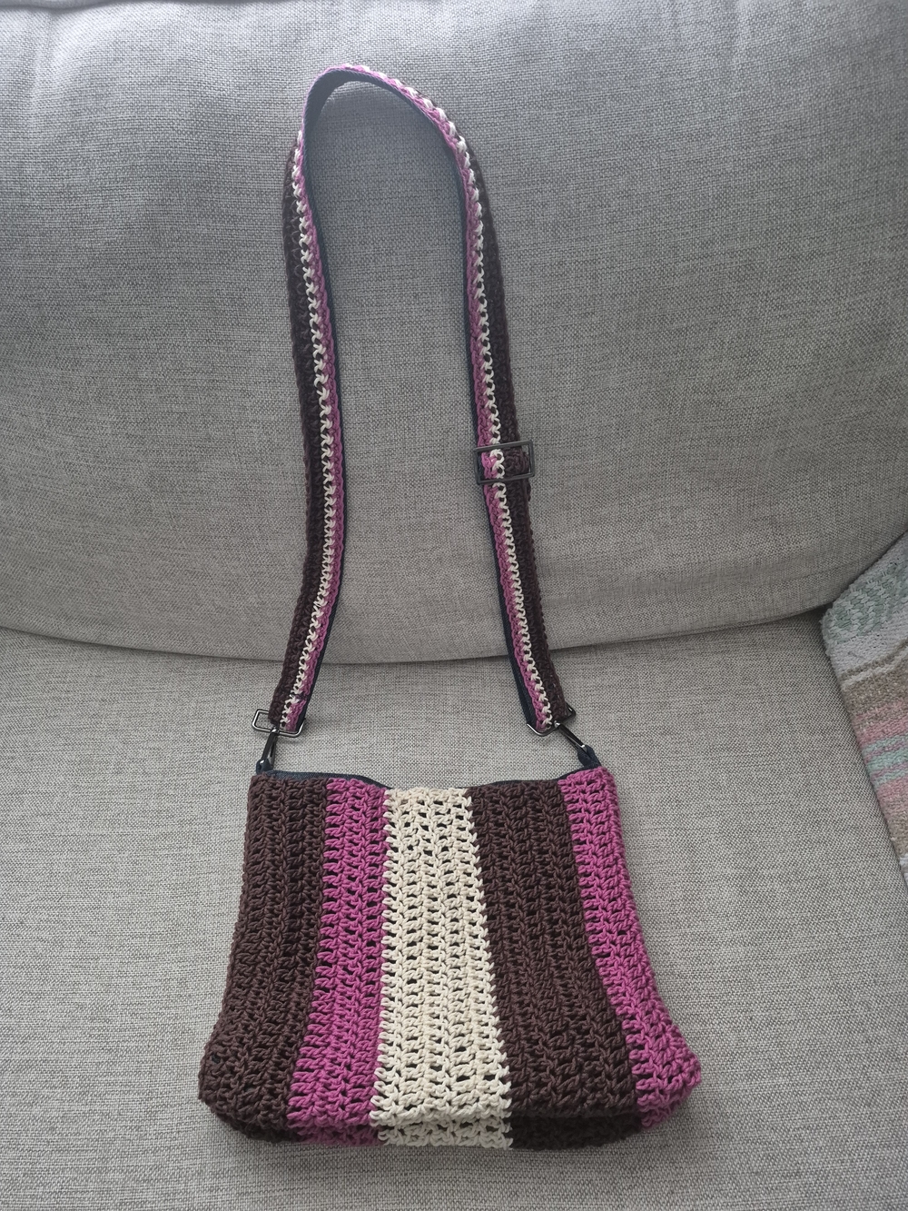 Handmade Fushia, Brown & Cream Crochet Crossbody Bag